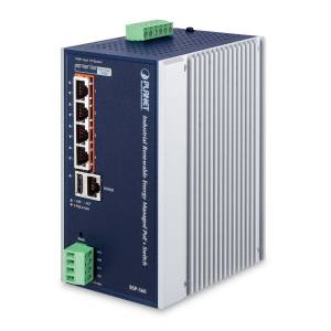 BSP-360 Industrial DIN-Rail Renewable Energy Managed Ethernet Switch with 4x1000 Base T 802.3at PoE+ (injector function), 1x1000Base T,1xWAN gateway mode, 24-45VDC, 24VDC for Battery , -10..60C Operating Temperature