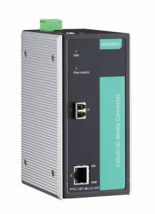 PTC-101-M-LC-HV Industrial 10/100BaseT(X) to 100BaseFX media converter, multi-mode with LC connector, 1 isolated power supply (88-300 VDC or 85-264 VAC), -40 to 85°C operating temperature