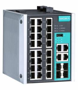 EDS-528E-4GTXSFP-LV Managed Gigabit Ethernet switch with 24 10/100BaseT(X) ports, and 4 combo 10/100/1000BaseT(X) or 100/1000BaseSFP ports, -10 to 60C operating temperature