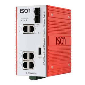 IS-DG406-2C Industrial 6-port Web-Smart Din-Rail Managed Ethernet switch with 4 10/100/1000 BaseT(X) and 2 100/1000 FX/TX Combo ports, -40-75 operating temperature, Dual DC Power Input