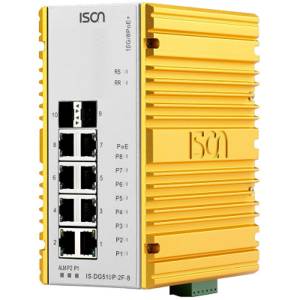 IS-DG510P-2F-8 Industrial 10-port DIN-Rail Managed PoE Ethernet switch with 8x 1000 Base-TX and 2x 1000 Base-FX SFP Slot, w/ 8PoE IEEE 802.3af/at, Max. 2 Ultra PoE, 60 Watt, -40...+75 operating temperature, Dual DC