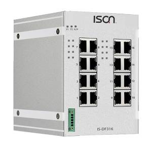 IS-DF316 Industrial DIN-rail Unmanaged Layer 2 16-port Switch with 16x 100 Base-TX ports with 2kV isolation, -40...+75C operating temperature, Dual 12-58V DC In
