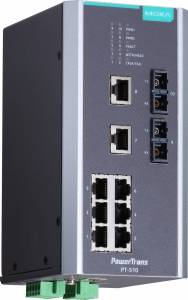 PT-510-SS-SC-HV IEC 61850-3 managed DIN-Rail Ethernet switch, with 8 10/100BaseT(X) ports, and 2 100BaseFX single-mode ports with SC connectors, 1 isolated power supply (88-300 VDC or 85-264 VAC), -40 to 85C operating temperature