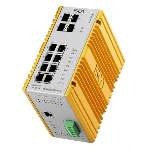 IS-DG512P-4F-8 Industrial 12-port Managed DIN-Rail Power-over-Ethernet Switch with 8x 1000 Base-TX and 4x 1000 Base-FX SFP Slot, w/ 8x PoE IEEE 802.3af/at, Max. 2 Ultra PoE, 60 Watt, -40...+75C operating temperature, Dual DC