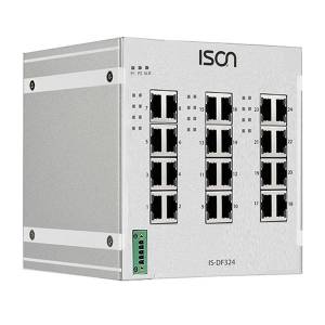 IS-DF324 Industrial DIN-rail Unmanaged Layer 2 24-port Switch with 24x 100 Base-TX ports with 2kV isolation, -40...+75C operating temperature, Dual 12-58V DC In