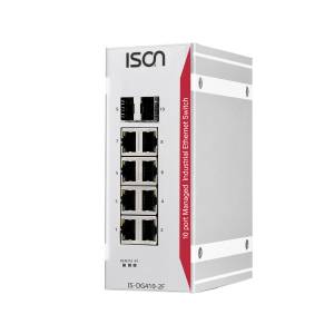 IS-DG410-2F Industrial 10-port Web-Smart Din-Rail Managed Ethernet switch with 8x10/100/1000 BaseT(X) and 2x100/1000 FX/TX Combo ports, -40..+75C operating temperature, Dual 12-58V DC Power Input