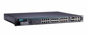 PT-7528-24TX-WV-HV IEC 61850-3 managed Rackmount Ethernet Switch system with 1 slot for fast Ethernet module, for a total of up to 28 ports, cabling on front panel, 2 isolated power supplies (18-72 VDC and 88-300 VDC or 85-264 VAC), -40 to 85C operating temperature