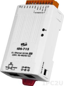tDS-715 Device Server, 1x10/100 Base-TX wiht PoE (IEEE 802.3af, Class 1) to 1xRS-422/RS-485 (2-wire RS-485, 4-wire RS-422) w/o signal isolation,max. Baud rate 115200bps, Power Input DC jack +12 ..+48 VDC or PoE, 4kV ESD protection, RoHS