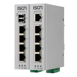 IS-DF305-S Industrial 5-port DIN-Rail Unmanaged Ethernet Switch with 4x 100 BaseTX ports and 1 Single-mode 100 Base-FX Fix SFP port, -40...+75 C operating temperature, +12...+58VDC-in,Dual DC Power Input
