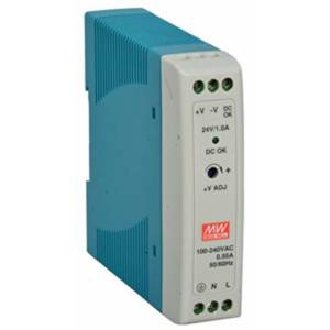MDR-20-24-DE Industrial Power Supply, AC Input 85-264VAC, 120-370VAC, Output 24VDC/1A, DIN-Rail Mounting