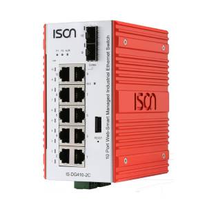 IS-DG410-2C Industrial 10-port Web-Smart Din-Rail Managed Ethernet switch with 8x 1000 Base-TX and 2x 1000 Base-FX/TX Combo ports, -40...+75C operating temperature, Dual DC Power Input