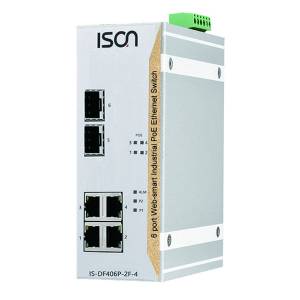 IS-DF406P-2F Industrial 6-port Managed DIN-Rail Power-over-Ethernet Switch with 4x 100 Base-TX, 2x 100 SFP slot, w/ 4x PoE IEEE 802.3af/at, -10...+60C operating temperature, Dual DC